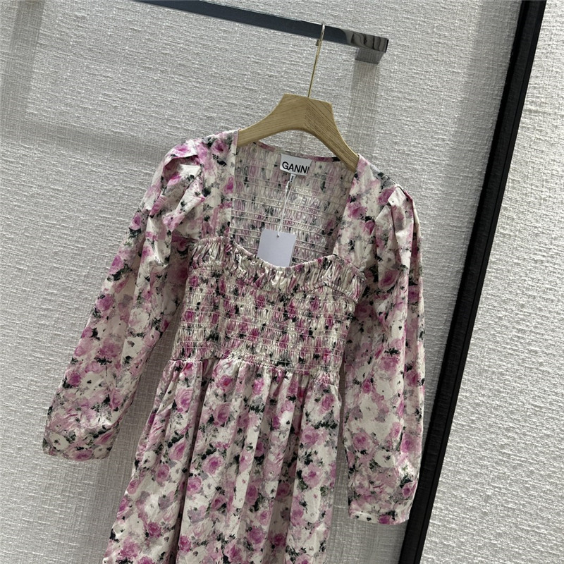 Ganni pink floral print puff sleeve dress replica clothes