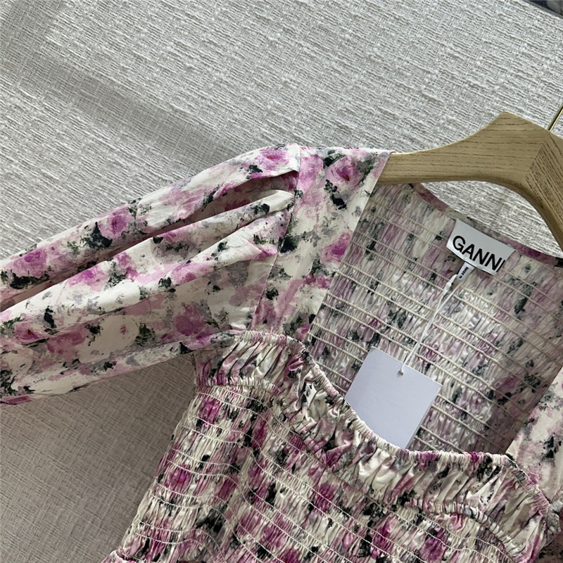 Ganni pink floral print puff sleeve dress replica clothes