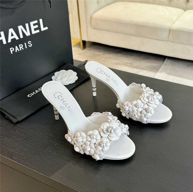 Chanel Camellia Heels Mules White