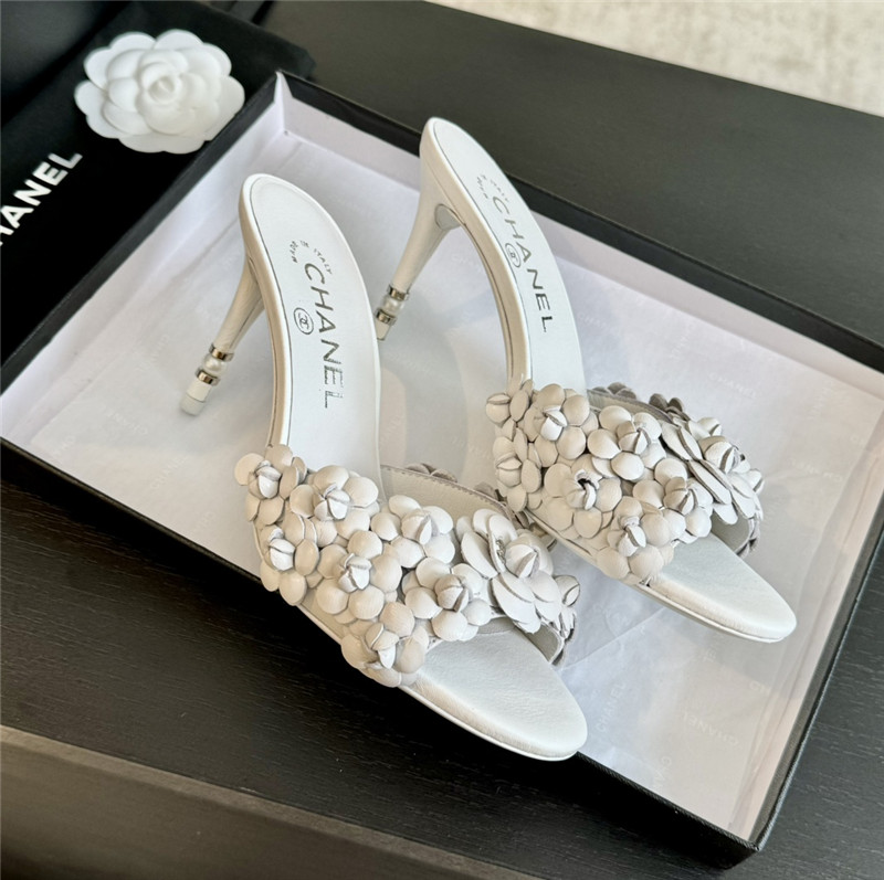 Chanel Camellia Heels Mules White