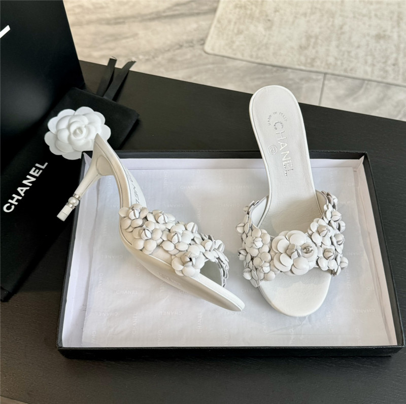 Chanel Camellia Heels Mules White