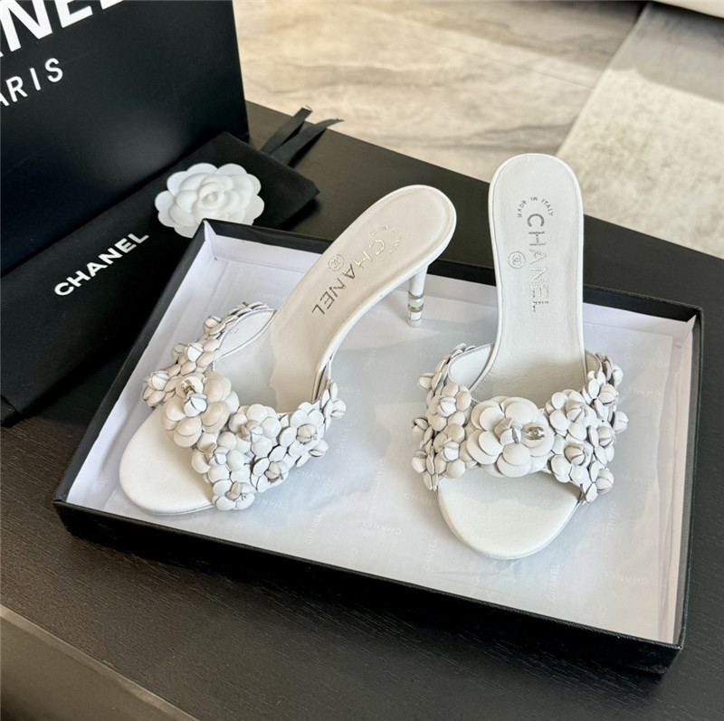 Chanel Camellia Heels Mules White