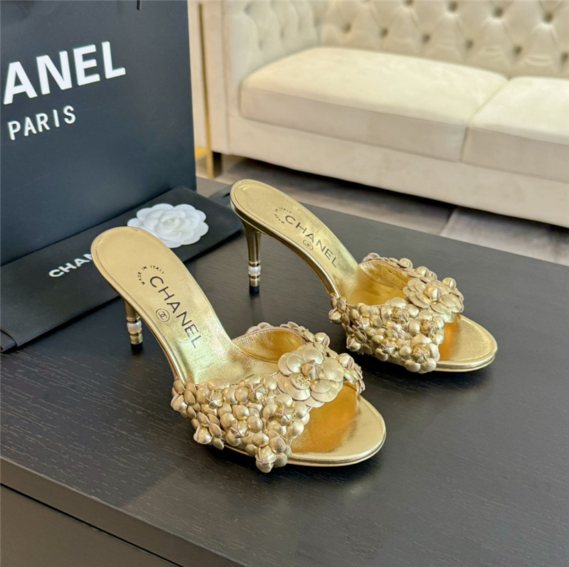 Chanel Camellia Heels Mules Gold