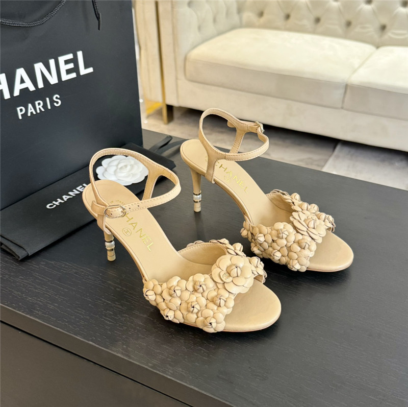 Chanel Camellia Strap High Heel Sandals Beige