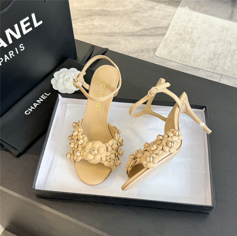 Ch**el camellia strap high heel sandals beige