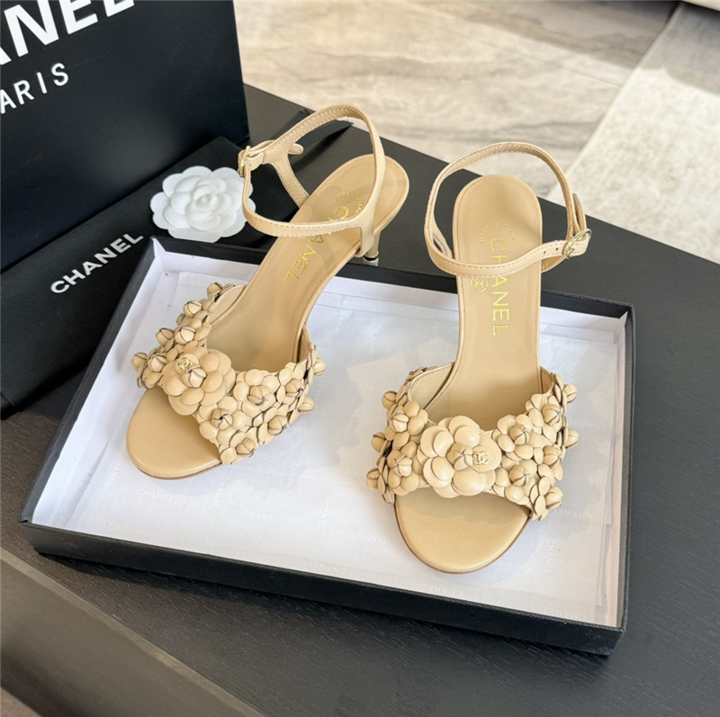 Ch**el camellia strap high heel sandals beige