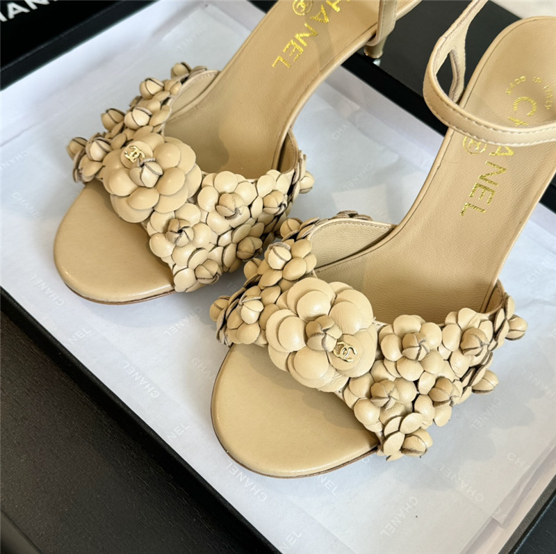 Ch**el camellia strap high heel sandals beige