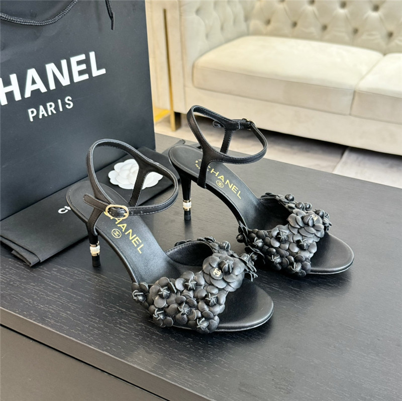 Chanel Camellia Strap High Heel Sandals Black