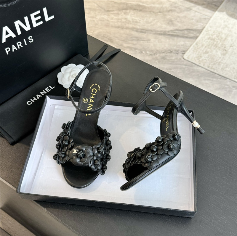 Ch**el camellia strap high heel sandals black