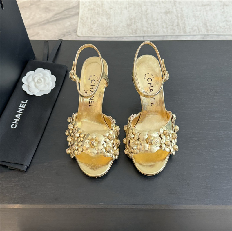 Ch**el camellia strap high heel sandals gold