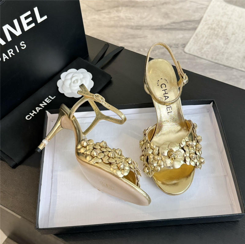 Ch**el camellia strap high heel sandals gold