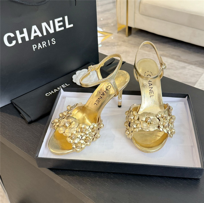 Ch**el camellia strap high heel sandals gold
