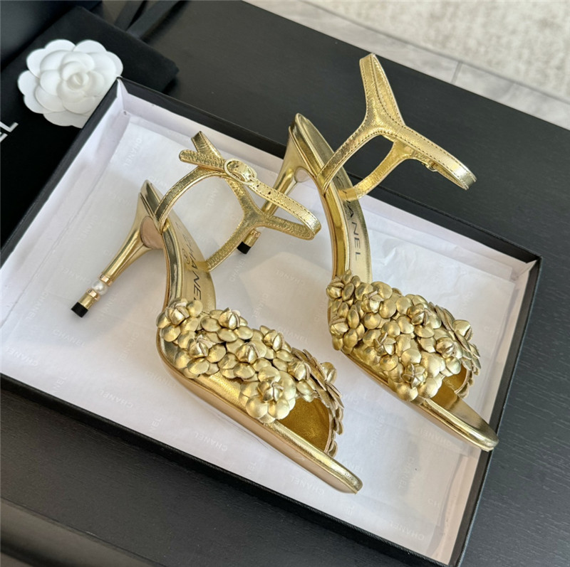Ch**el camellia strap high heel sandals gold