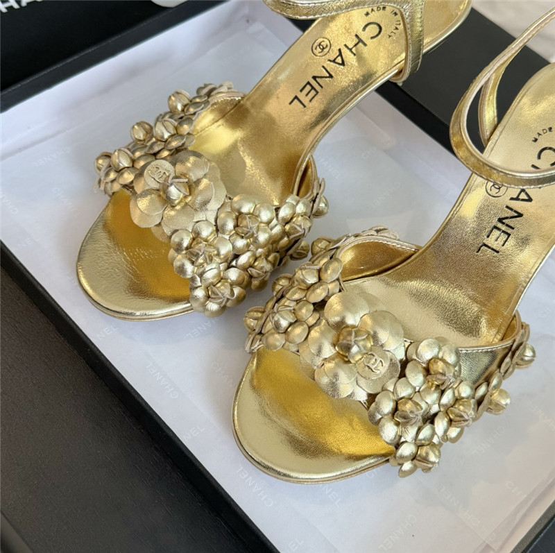 Ch**el camellia strap high heel sandals gold