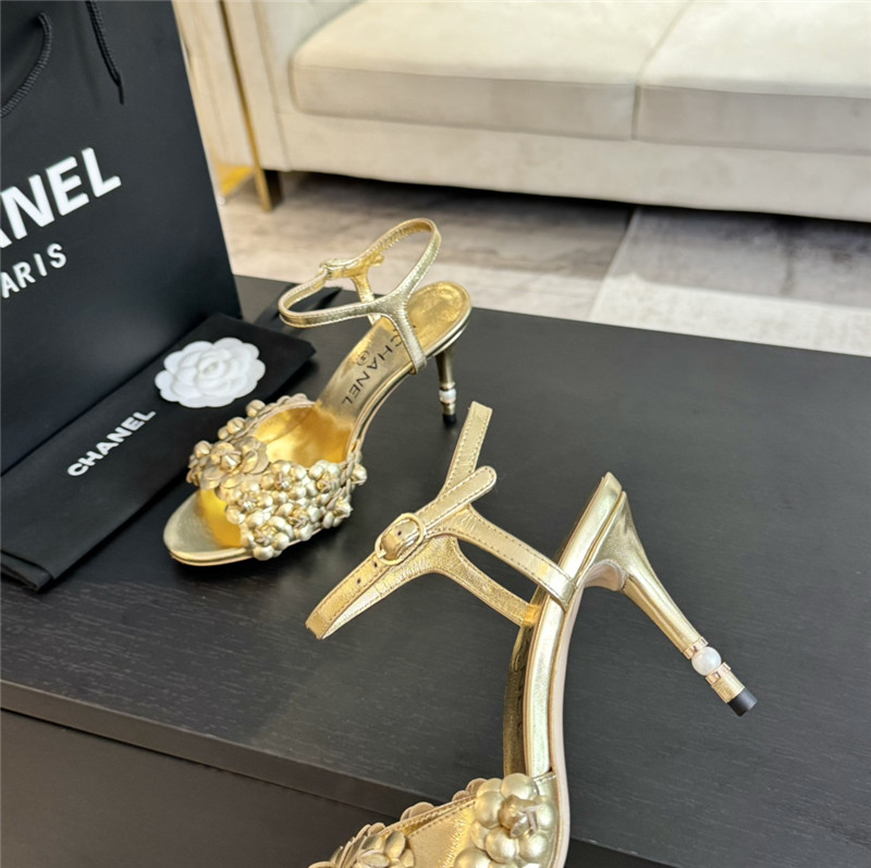 Ch**el camellia strap high heel sandals gold