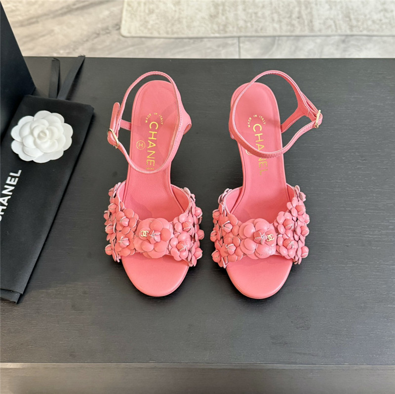 Ch**el camellia strap high heel sandals rose red