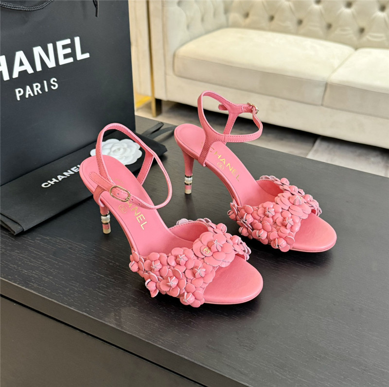 Ch**el camellia strap high heel sandals rose red