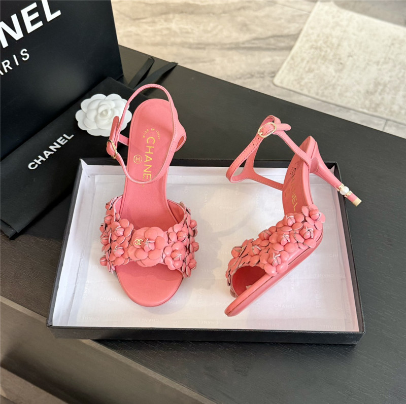 Ch**el camellia strap high heel sandals rose red