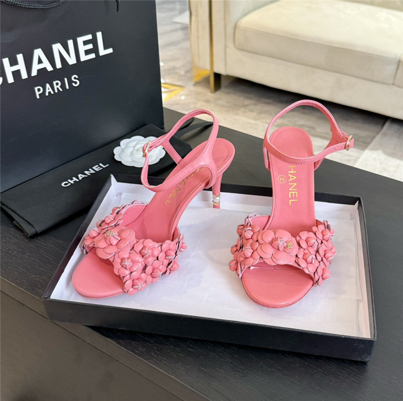 Ch**el camellia strap high heel sandals rose red