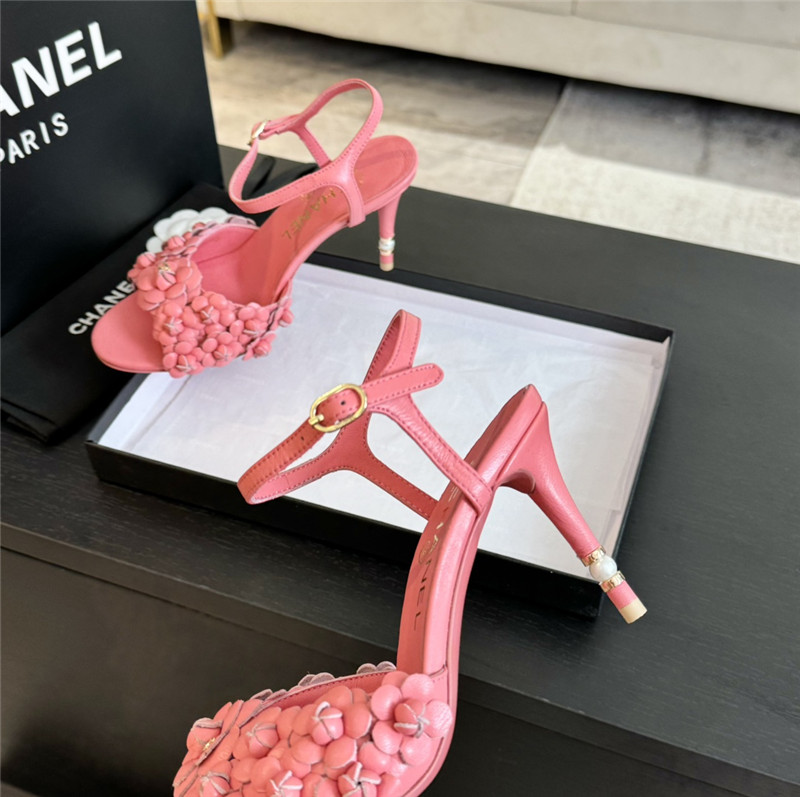 Ch**el camellia strap high heel sandals rose red
