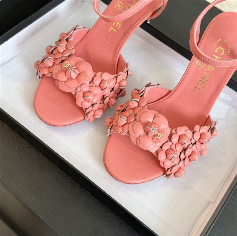 Ch**el camellia strap high heel sandals rose red