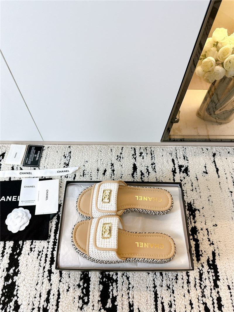Chanel Tweed Beige Calfskin Slippers