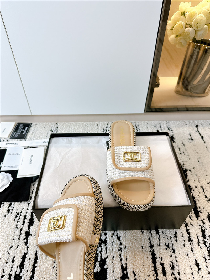 Ch**el tweed beige calfskin slippers