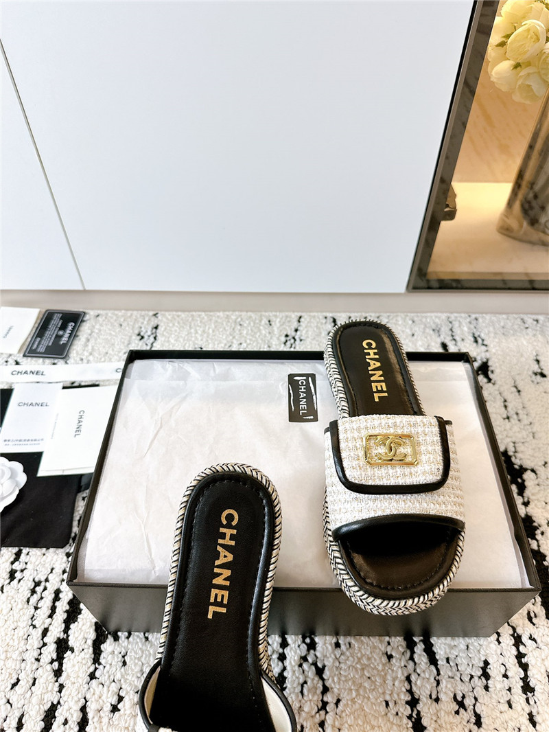 Ch**el tweed black calfskin slippers