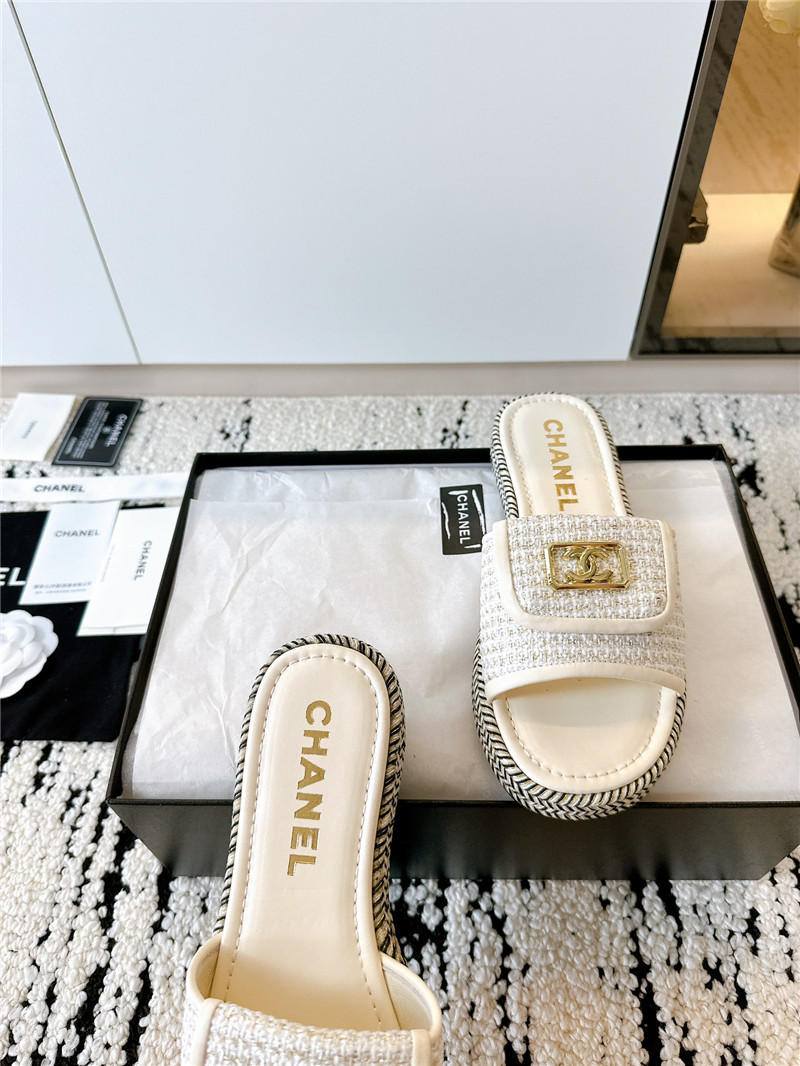 Ch**el tweed white calfskin slippers