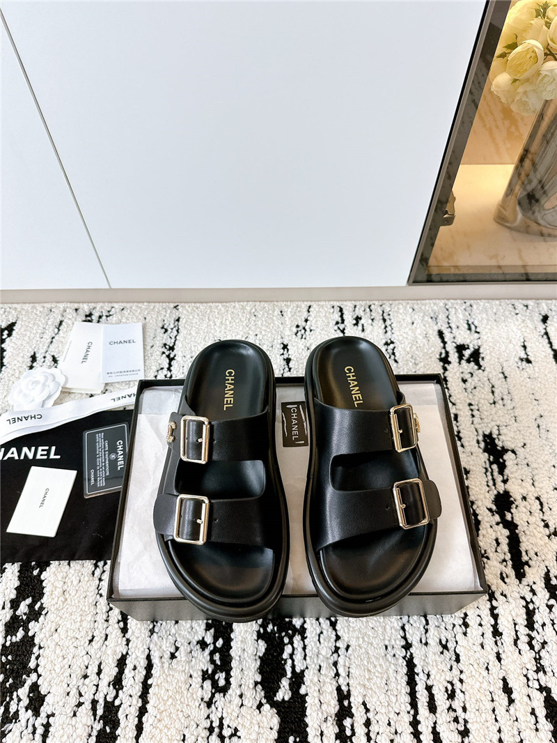 Chanel Buckle Platform Slippers Sandals Black