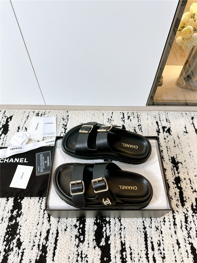 Chanel Buckle Platform Slippers Sandals Black