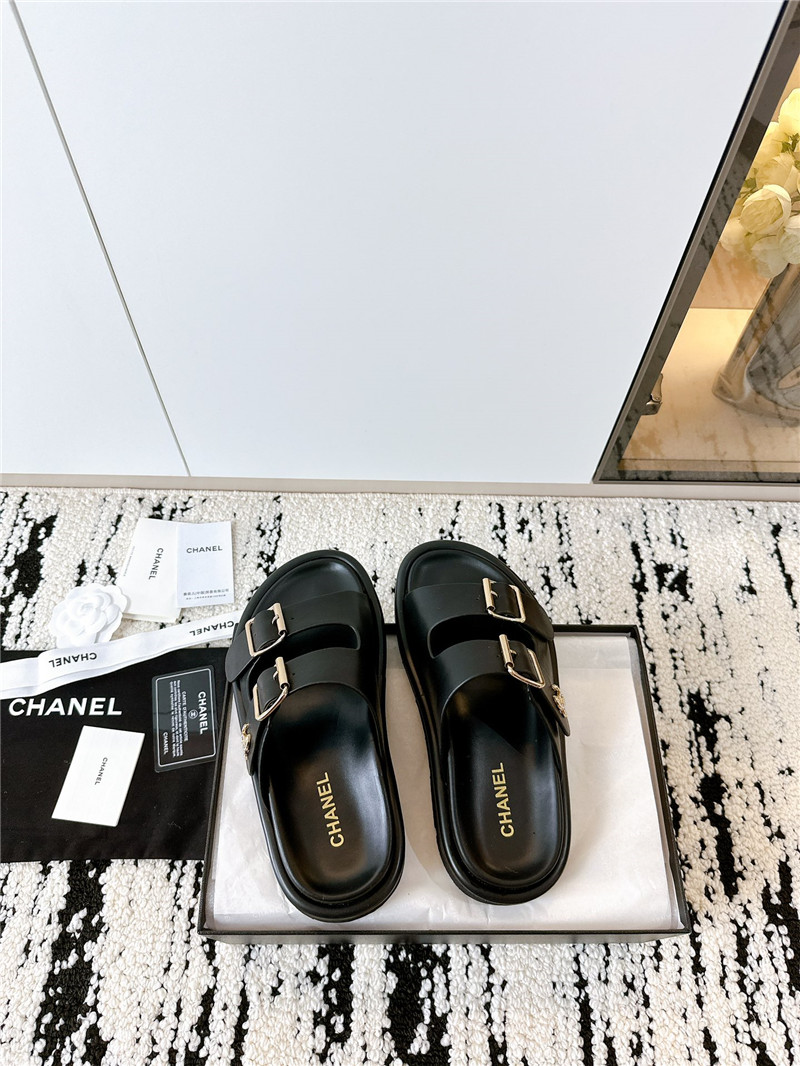 Chanel Buckle Platform Slippers Sandals Black