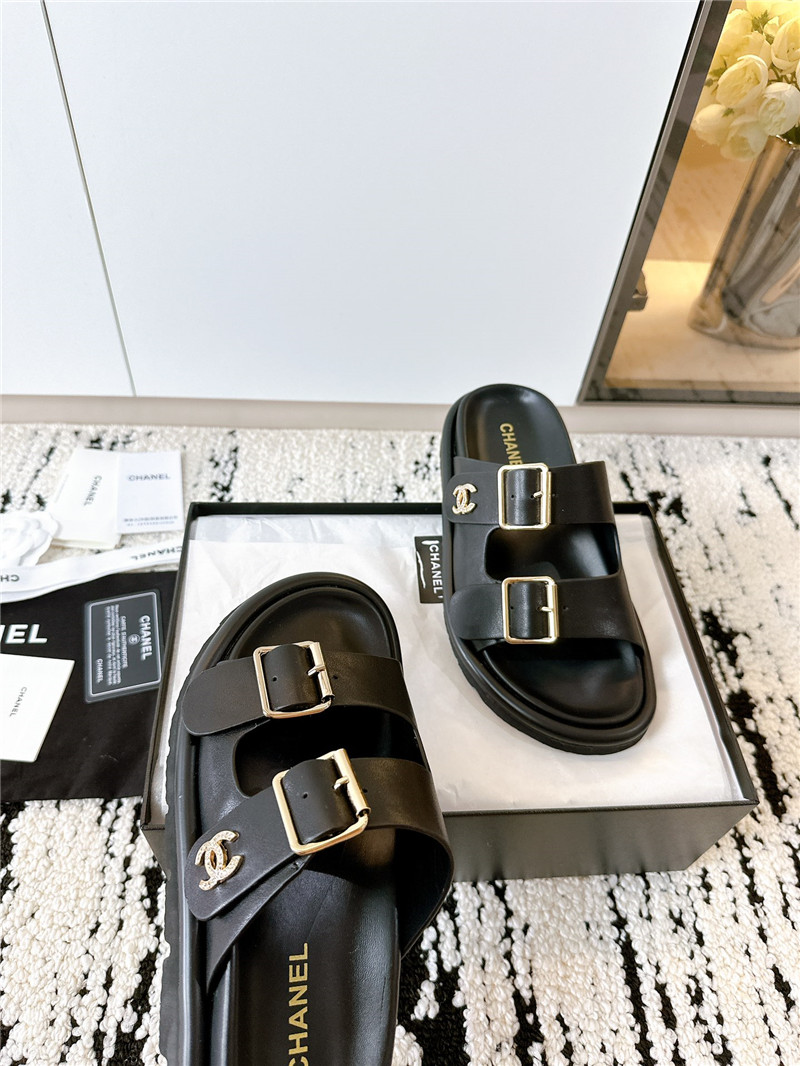 Chanel Buckle Platform Slippers Sandals Black
