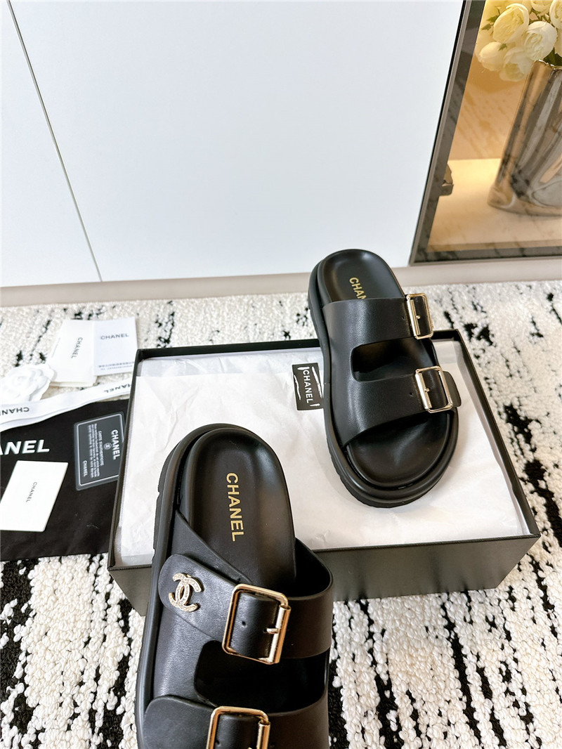 Chanel Buckle Platform Slippers Sandals Black