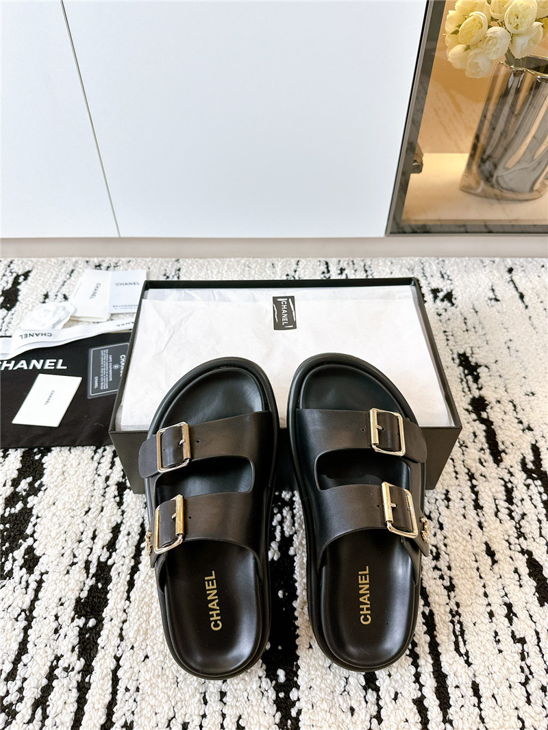 Chanel Buckle Platform Slippers Sandals Black