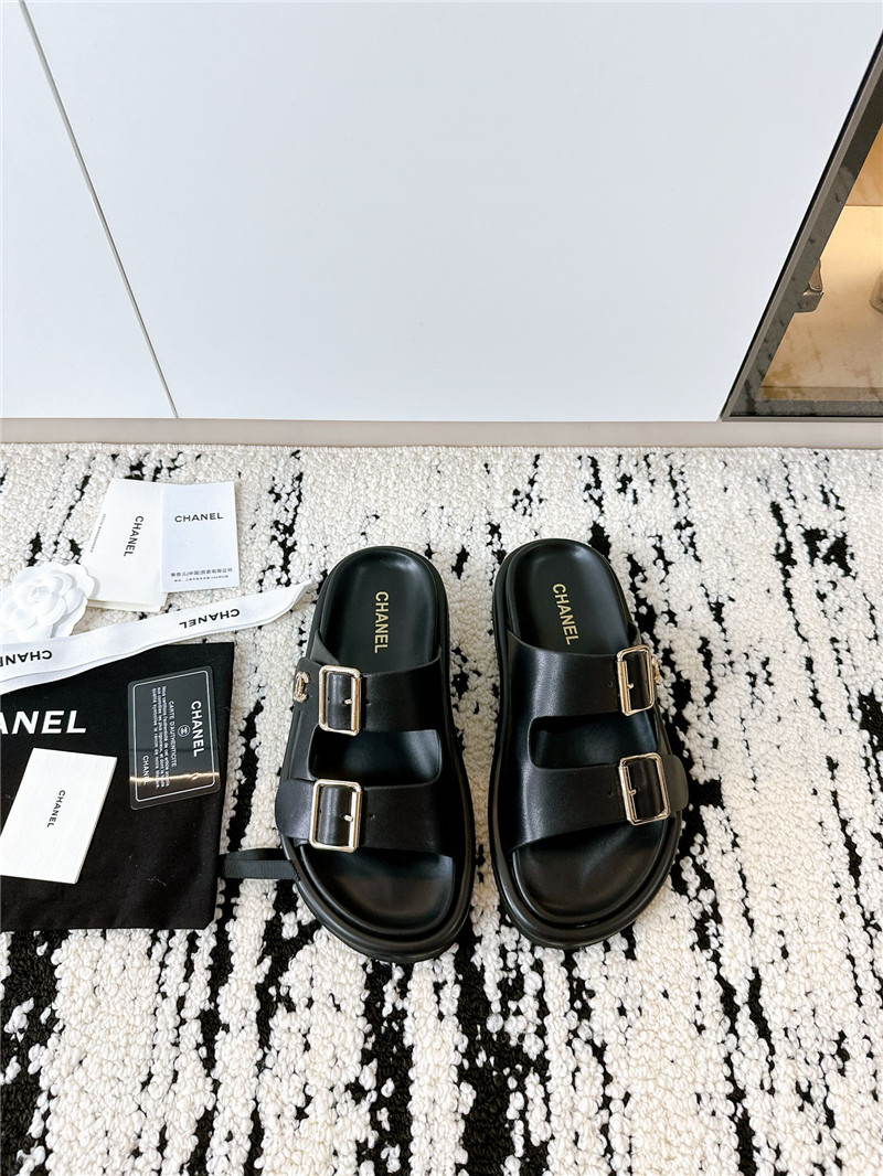 Chanel Buckle Platform Slippers Sandals Black