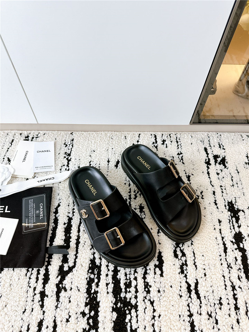 Chanel Buckle Platform Slippers Sandals Black