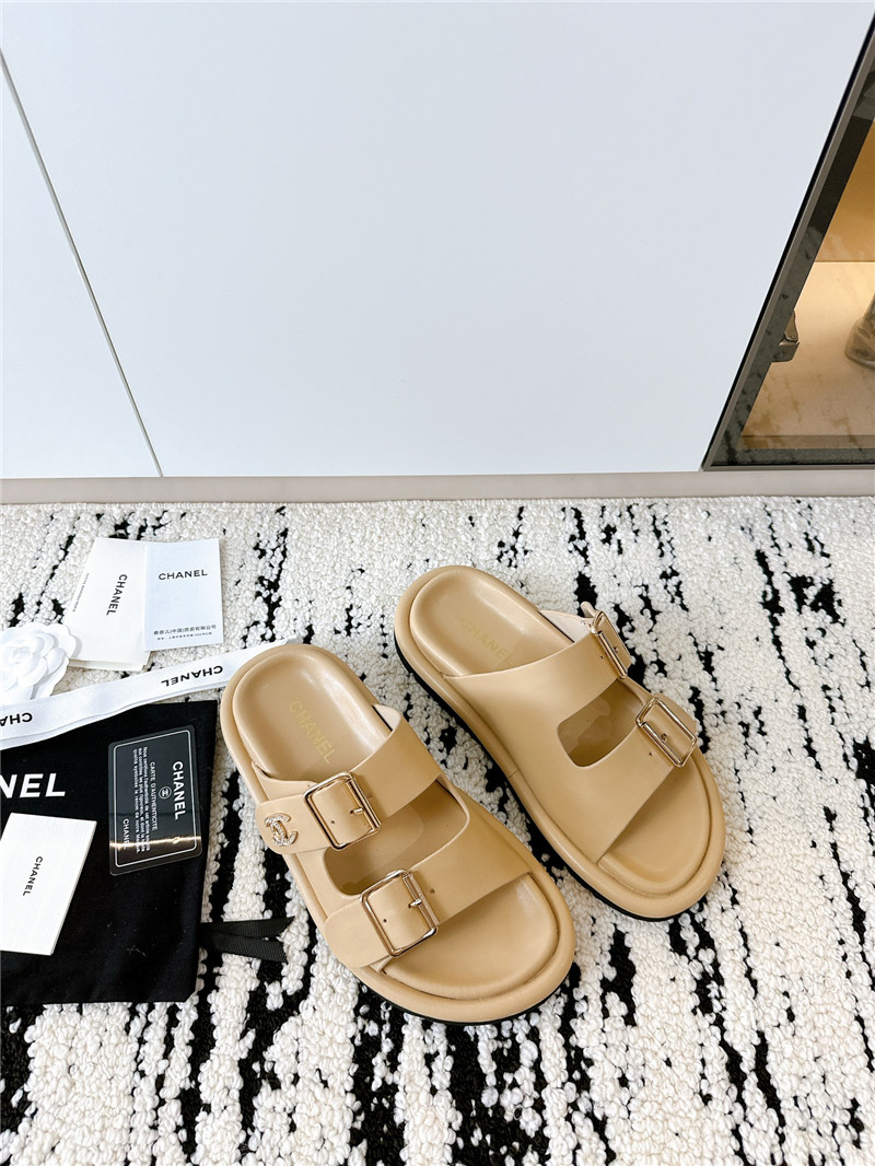 Chanel Buckle Platform Slippers Sandals in Beige