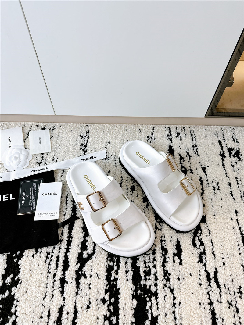 Chanel Buckle Platform Slippers Sandals White