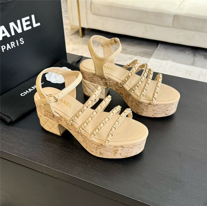 Ch**el leather chain platform sandals beige