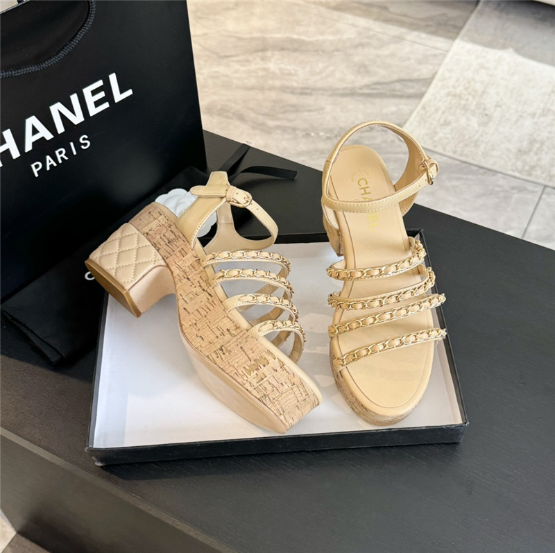 Ch**el leather chain platform sandals beige