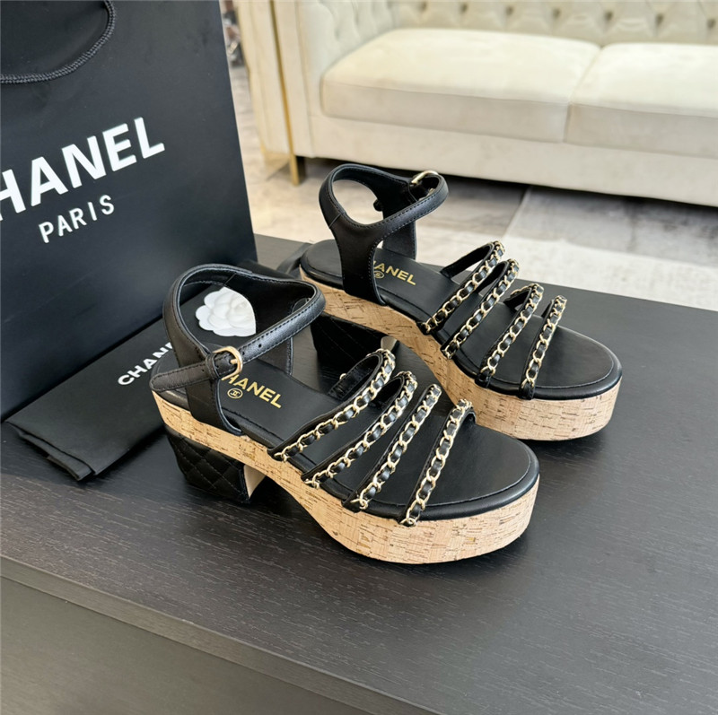 Chanel Leather Chain Platform Sandals Black
