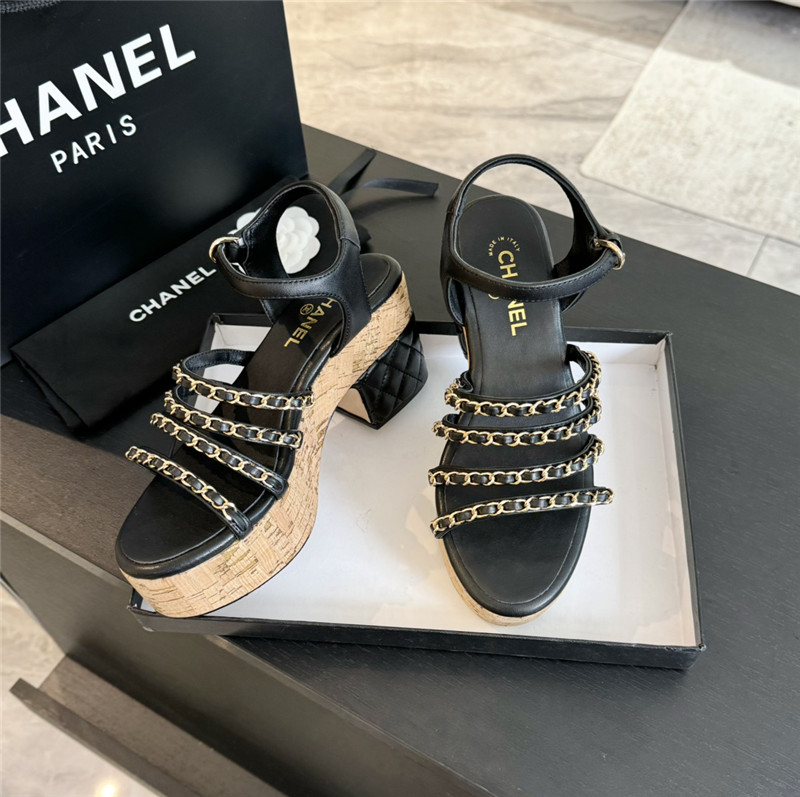 Ch**el leather chain platform sandals black