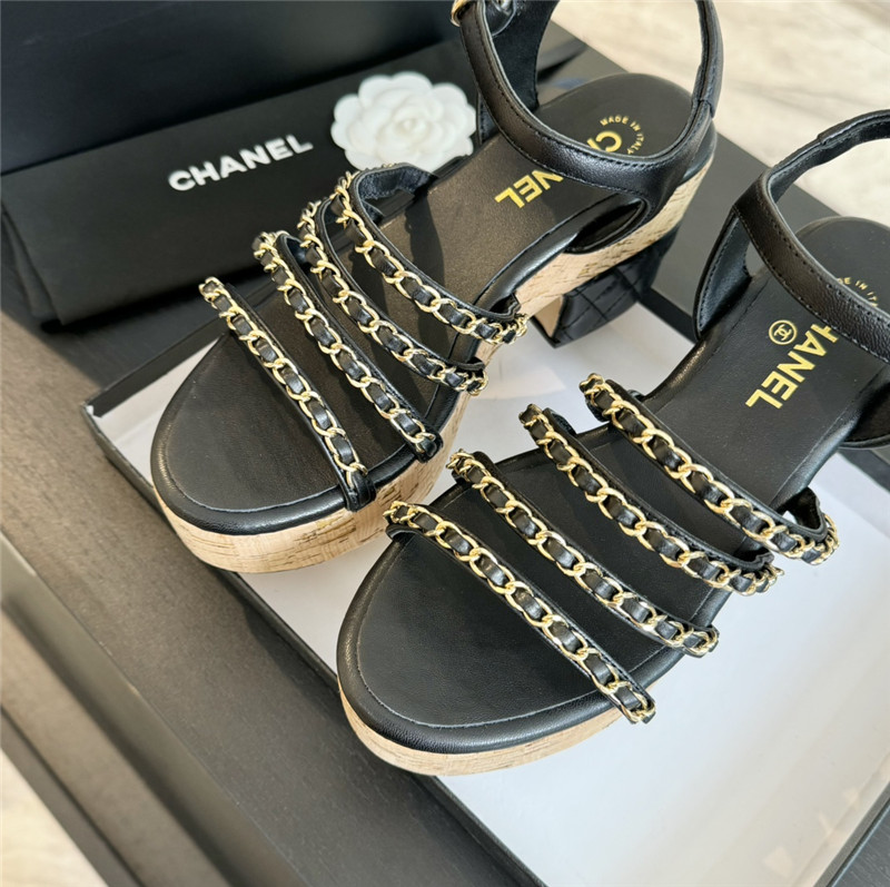 Ch**el leather chain platform sandals black