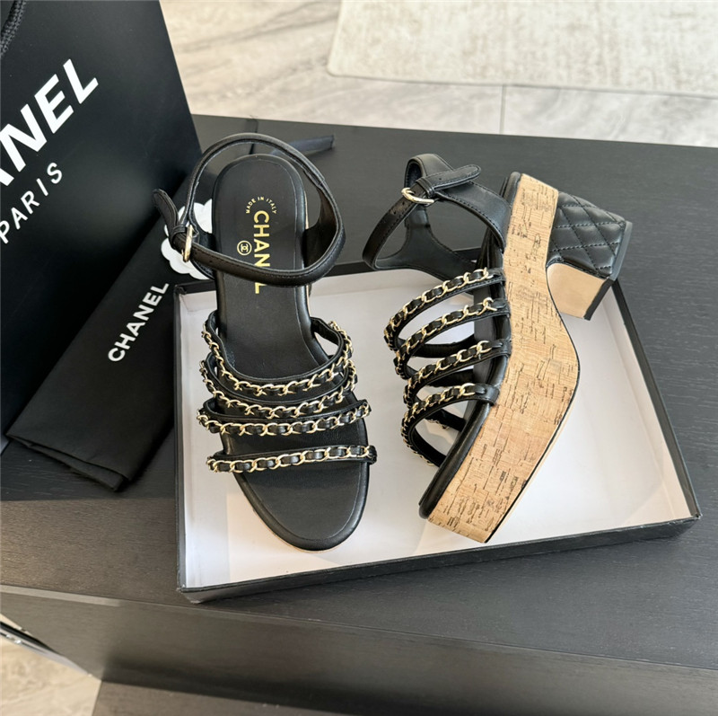 Ch**el leather chain platform sandals black