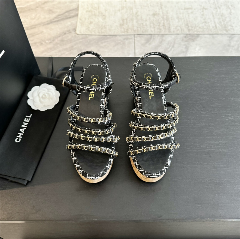 Ch**el tweed chain platform sandals black
