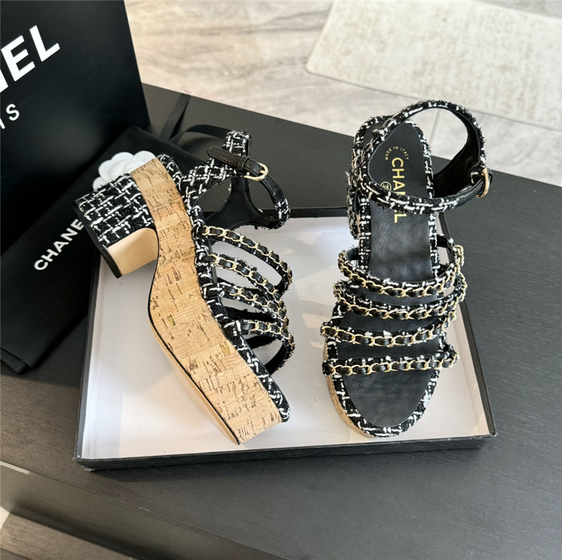 Ch**el tweed chain platform sandals black