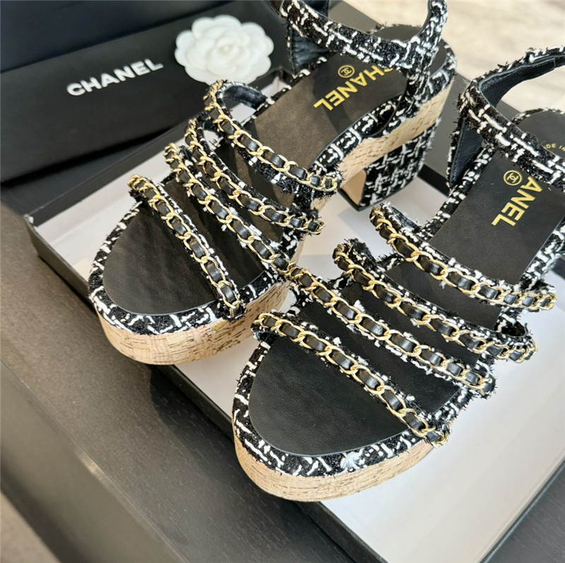 Ch**el tweed chain platform sandals black