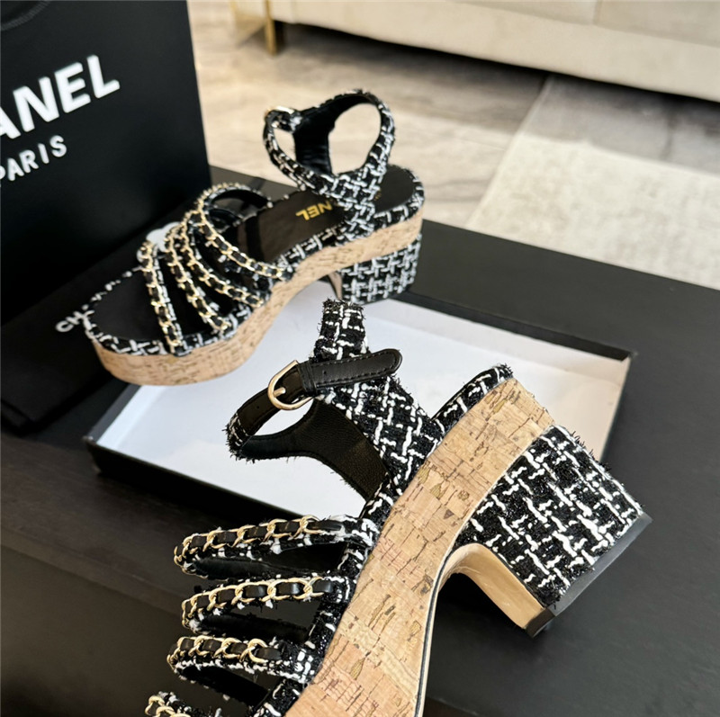 Ch**el tweed chain platform sandals black