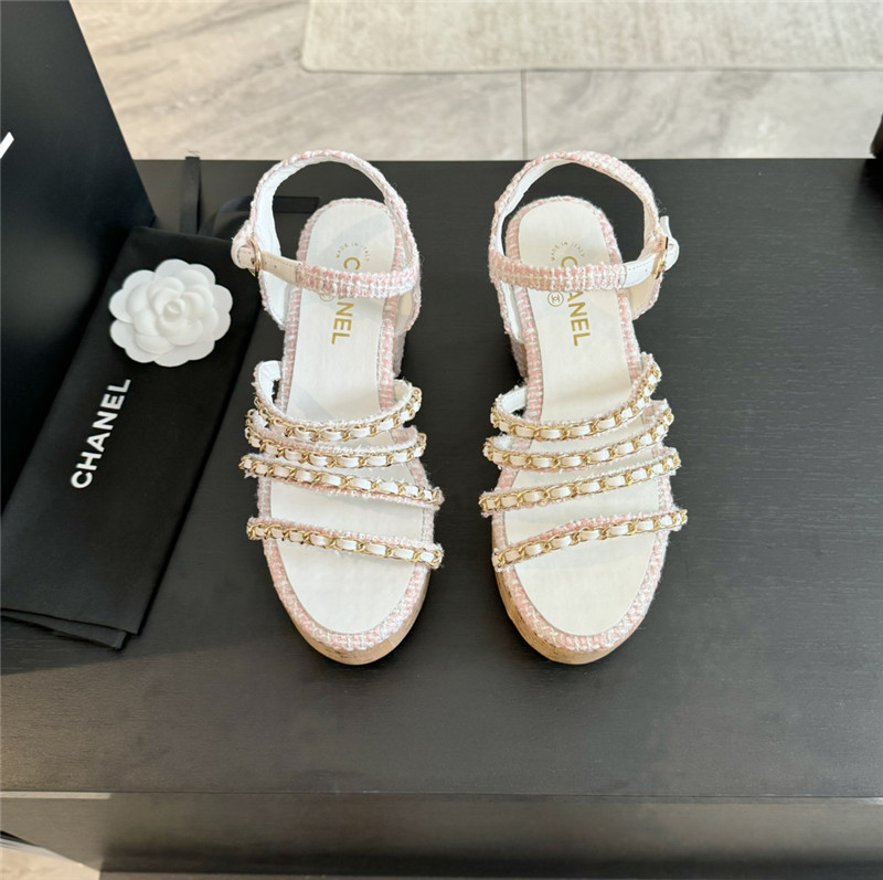 Ch**el tweed chain platform sandals in white